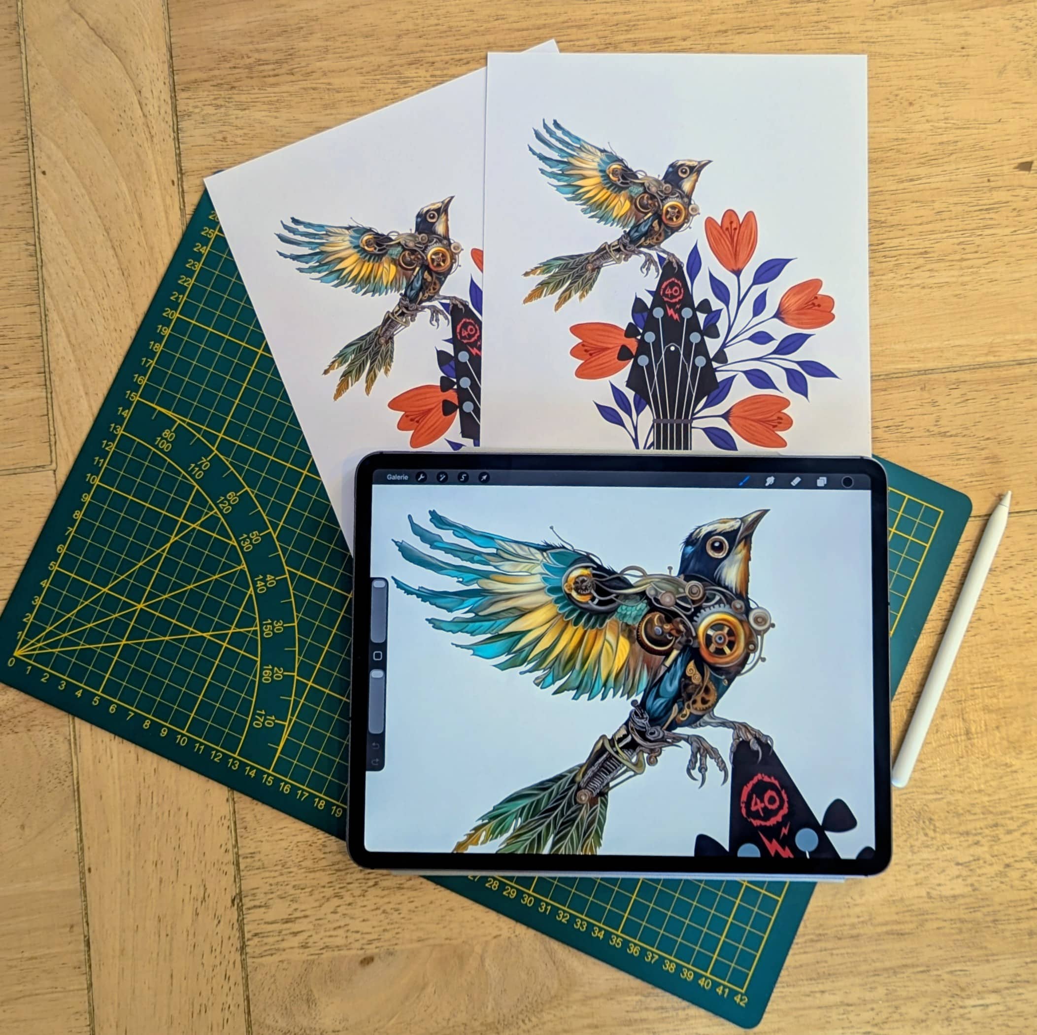 Commande originale d'une illustration graphique d'un oiseau mécanique