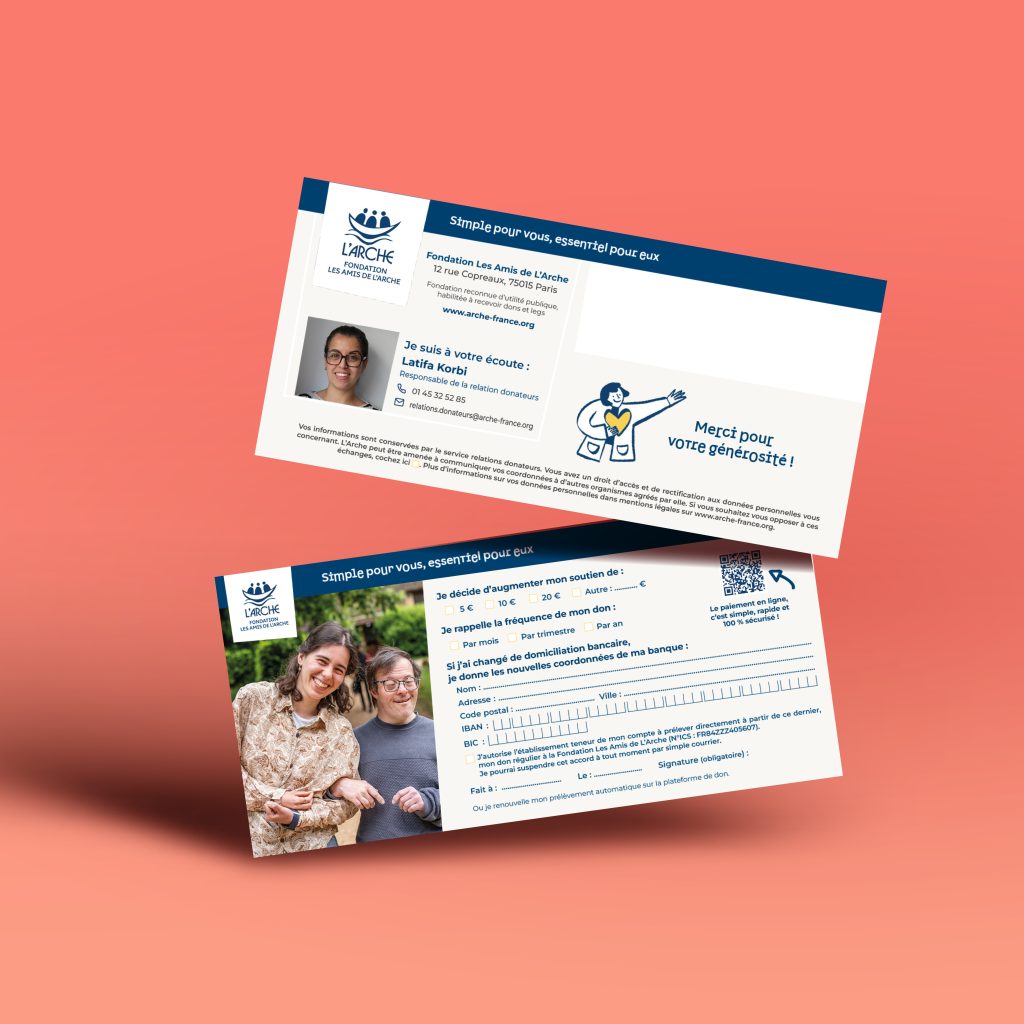 Coupons recto verso pour une campagne d'appel aux dons pour L'Arche