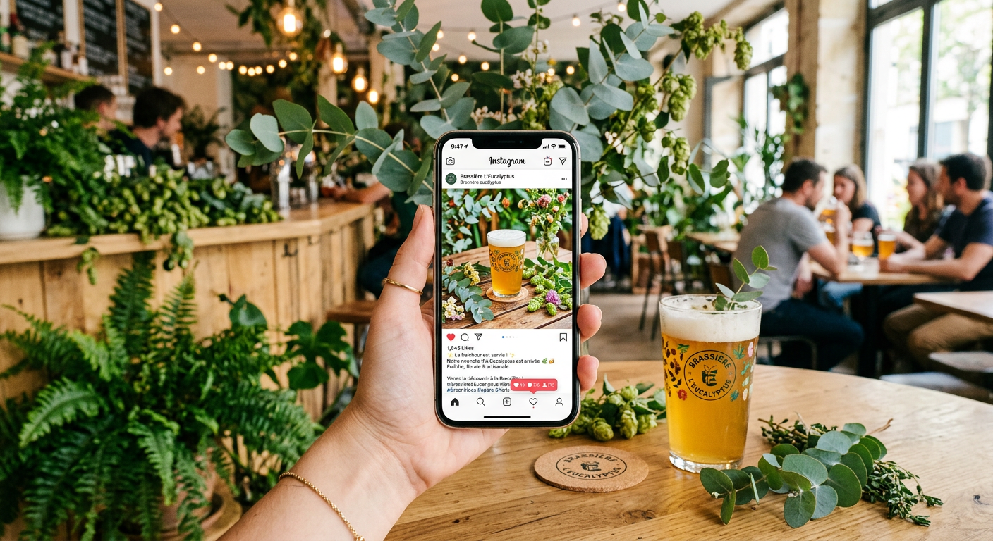 Mise en situation d'une publication pour les réseaux sociaux sur un smartphone pour une boisson végétale